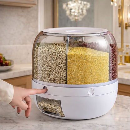 Premium 360° Rotating 6-Grid Grain Dispenser – One-Touch Cereal & Rice Organizer