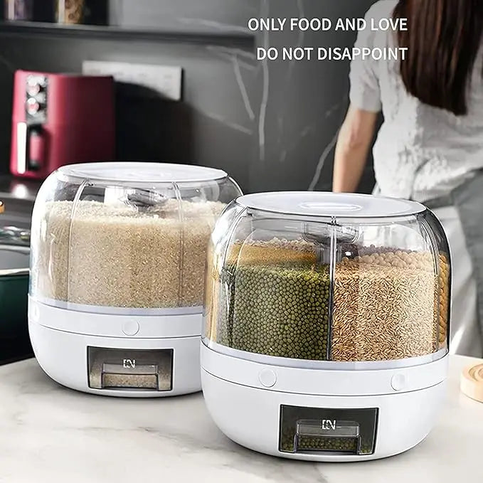 Premium 360° Rotating 6-Grid Grain Dispenser – One-Touch Cereal & Rice Organizer