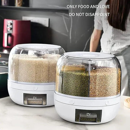 Premium 360° Rotating 6-Grid Grain Dispenser – One-Touch Cereal & Rice Organizer
