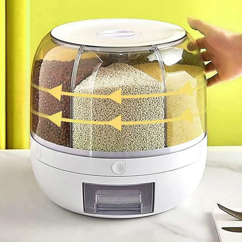 Premium 360° Rotating 6-Grid Grain Dispenser – One-Touch Cereal & Rice Organizer