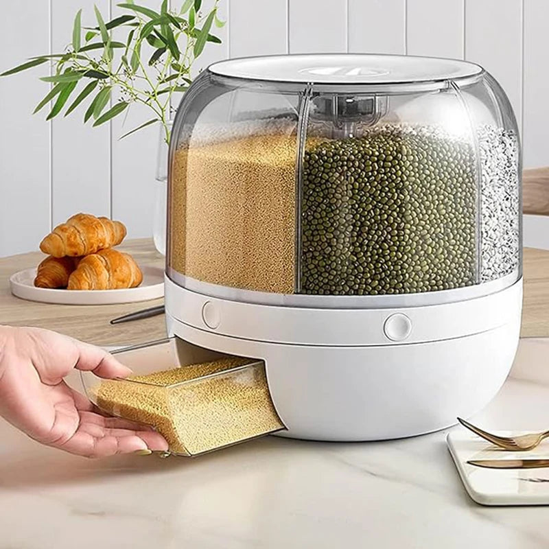 Premium 360° Rotating 6-Grid Grain Dispenser – One-Touch Cereal & Rice Organizer