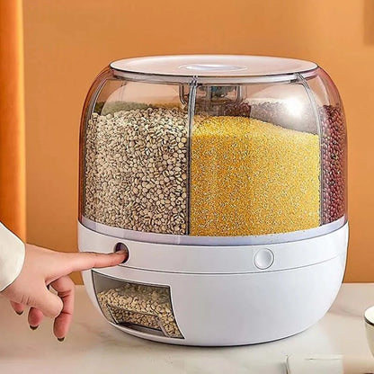 Premium 360° Rotating 6-Grid Grain Dispenser – One-Touch Cereal & Rice Organizer