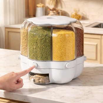 Premium 360° Rotating 6-Grid Grain Dispenser – One-Touch Cereal & Rice Organizer